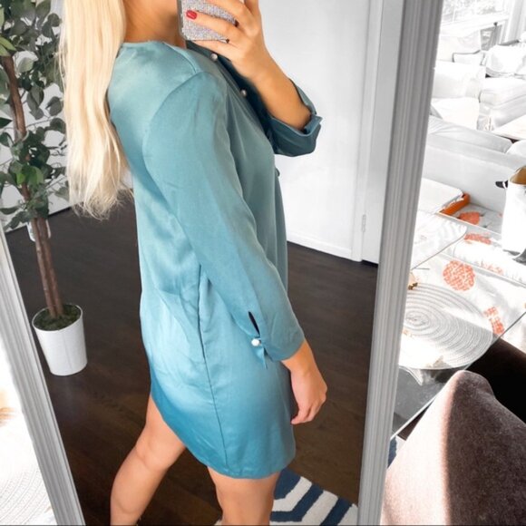 🎄 ZARA SAGE PADDED SHOULDER PEARL RUFFLE DETAIL LOOSE MINI DRESS! - Picture 3 of 16